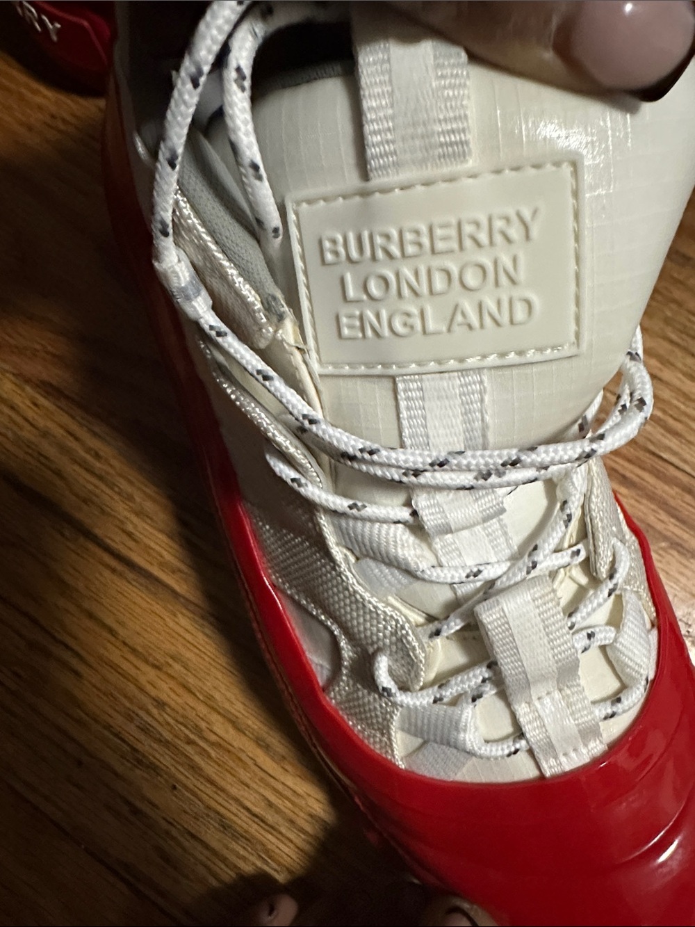 Burberry White and Red Patent Chunky Lace-Up Sneakers. New never worn. - Picture 4 of 14